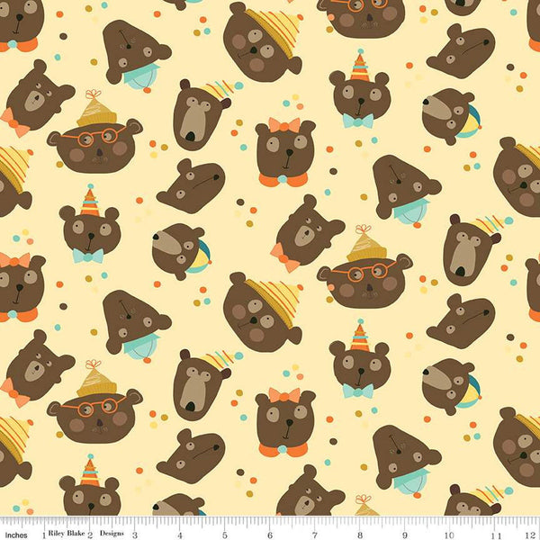 SALE Bumble and Bear Heads C12671 Sunshine - Riley Blake Designs - Children's Bears - Quilting Cotton Fabric