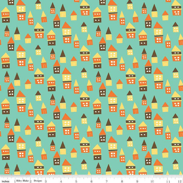 CLEARANCE Bumble and Bear Houses C12673 Sea Glass - Riley Blake Designs - House Homes - Quilting Cotton Fabric