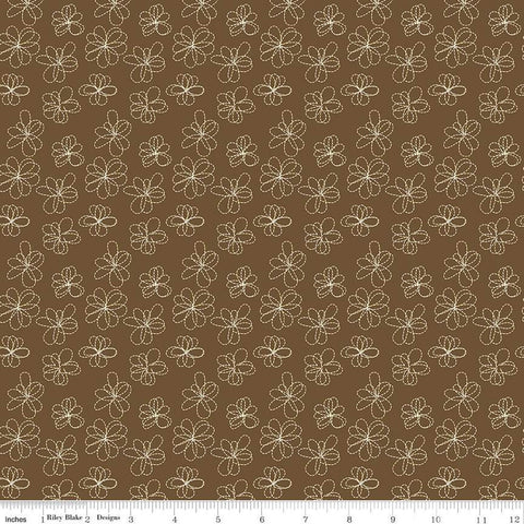 Fat Quarter End of Bolt - Bumble and Bear Stitched Flowers C12675 Brown - Riley Blake Designs - Floral Dashed-Line Flowers - Quilting Cotton