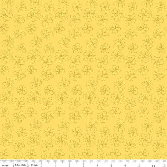 SALE Bumble and Bear Stitched Flowers C12675 Yellow - Riley Blake Designs - Floral Dashed-Line Flowers - Quilting Cotton Fabric