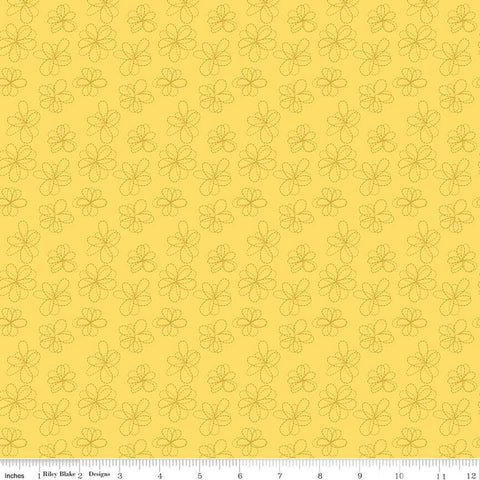 Bumble and Bear Stitched Flowers C12675 Yellow - Riley Blake Designs - Floral Dashed-Line Flowers - Quilting Cotton Fabric