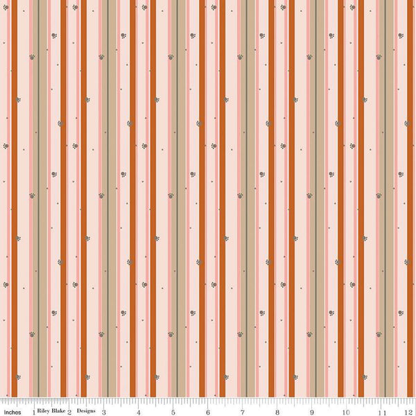 CLEARANCE Forest Friends Stripe C12695 Apricot - Riley Blake - Stripes Striped Paw Prints Animal - Quilting Cotton Fabric