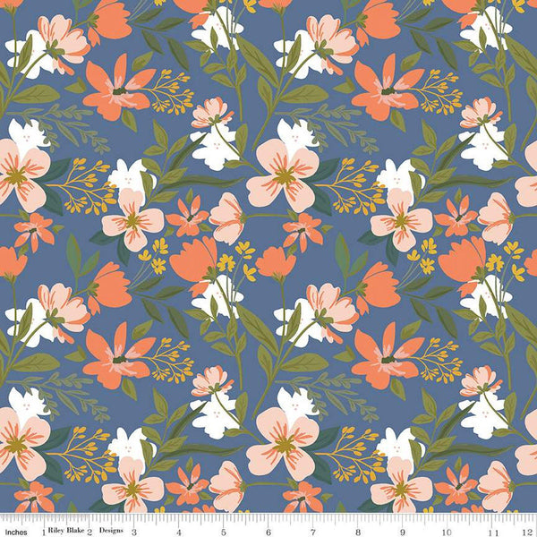 SALE With a Flourish Main C12730 Denim - Riley Blake Designs - Floral Flowers Leaves - Quilting Cotton Fabric