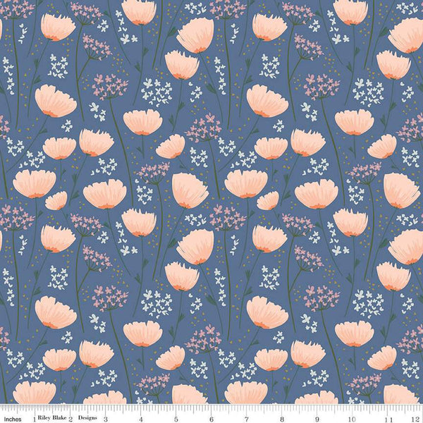 With a Flourish Floral C1273 Denim - Riley Blake Designs - Flowers Blossoms - Quilting Cotton Fabric