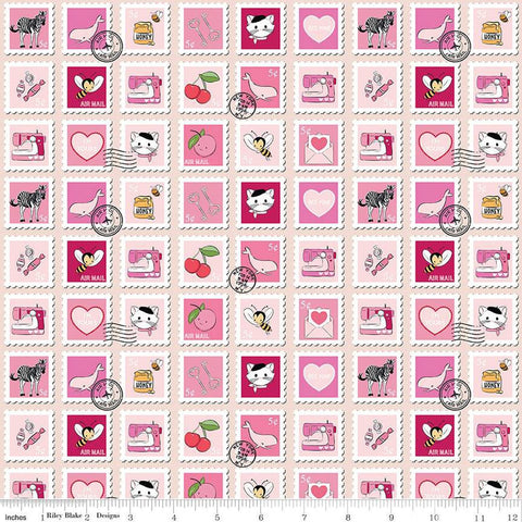 CLEARANCE Mint for You Main C12760 Blush - Riley Blake - Valentine's Day Valentines Stamps Hearts Cats Bees - Quilting Cotton Fabric