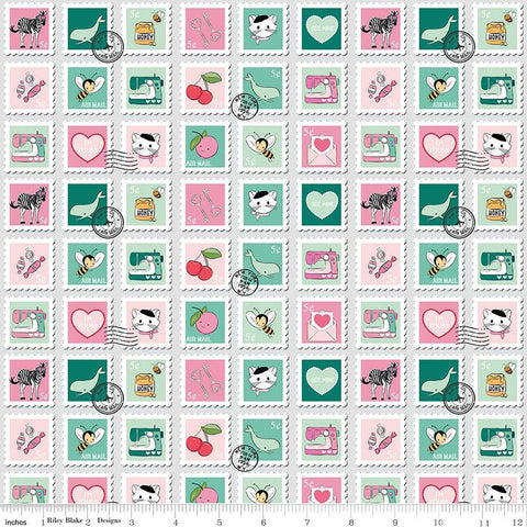 CLEARANCE Mint for You Main C12760 Gray - Riley Blake Designs - Valentine's Day Valentines Hearts Stamps Cats Bees - Quilting Cotton Fabric