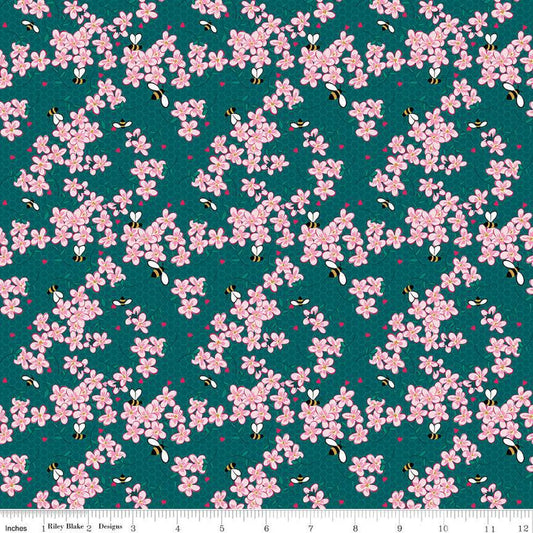 DEAL Mint for You Floral SC12761 Teal SPARKLE - Riley Blake - Valentine's Hearts Bees Flowers Antique Gold SPARKLE - Quilting Cotton Fabric