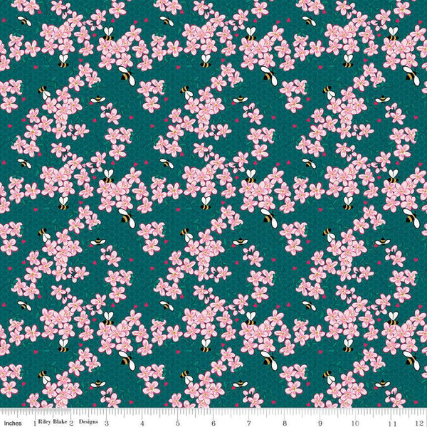 SALE Mint for You Floral SC12761 Teal SPARKLE - Riley Blake - Valentine's Hearts Bees Flowers Antique Gold SPARKLE - Quilting Cotton Fabric