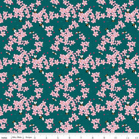 Mint for You Floral SC12761 Teal SPARKLE - Riley Blake - Valentine's Hearts Bees Flowers Antique Gold SPARKLE - Quilting Cotton Fabric