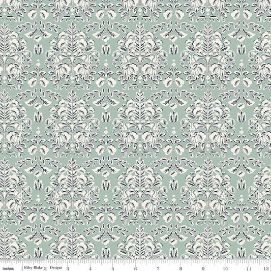 CLEARANCE Ciao Bella Damask C12772 Seafoam - Riley Blake Designs - Leaf Leaves - Quilting Cotton Fabric