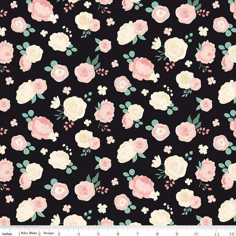 At First Sight Floral C12682 Black - Riley Blake Designs - Leaves Flowers - Quilting Cotton Fabric