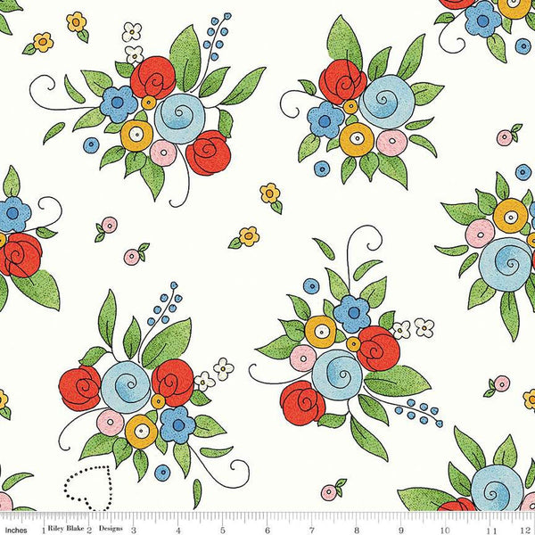 SALE Be Mine Valentine Bouquet C12781 White by Riley Blake Designs - Valentine's Day Floral Flowers - Quilting Cotton Fabric