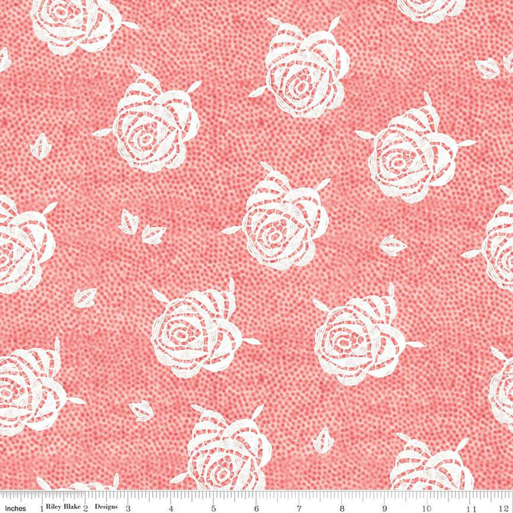 15" End of Bolt - Be Mine Valentine Paper Roses C12790 Pink by Riley Blake - Valentine's Day White Flowers Floral - Quilting Cotton Fabric