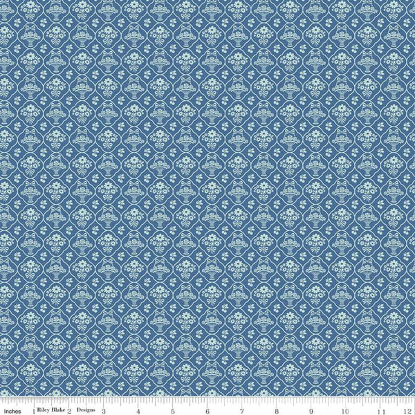 SALE Calico Wallpaper C12841 Denim - Riley Blake Designs - Lori Holt - Floral Flowers Baskets - Quilting Cotton Fabric