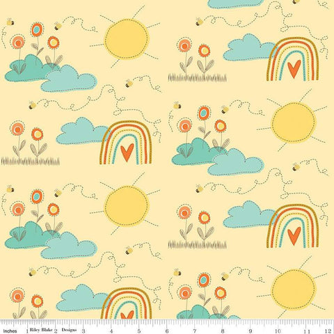 SALE Bumble and Bear Main C12670 Sunshine - Riley Blake Designs - Flowers Suns Rainbows Bees - Quilting Cotton Fabric
