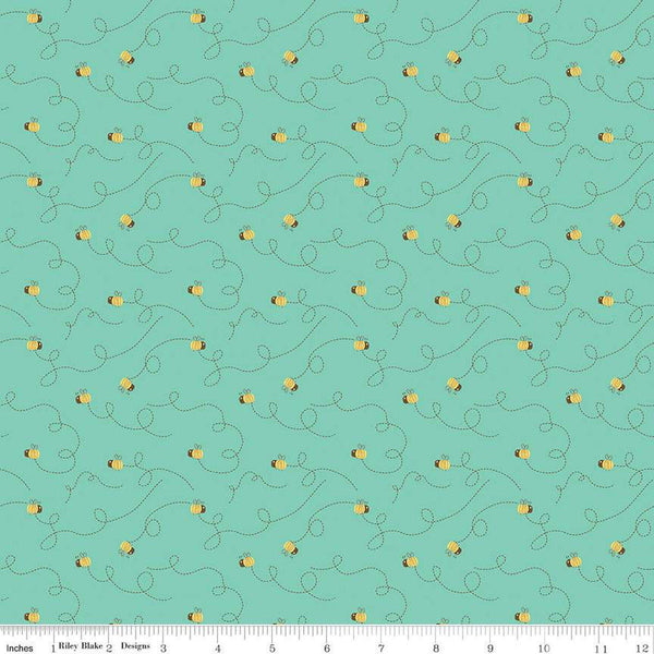 Bumble and Bear Bees C12672 Sea Glass - Riley Blake Designs - Bumble Bees Dashed Lines - Quilting Cotton Fabric