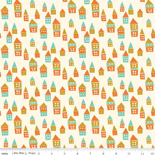 9" End of Bolt - Bumble and Bear Houses C12673 Cream - Riley Blake  - House Homes - Quilting Cotton