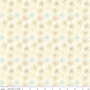 Bumble & Bear Stitched Flowers C12675 Cream - Riley Blake Designs - Floral Dashed-Line Flowers - Quilting Cotton Fabric
