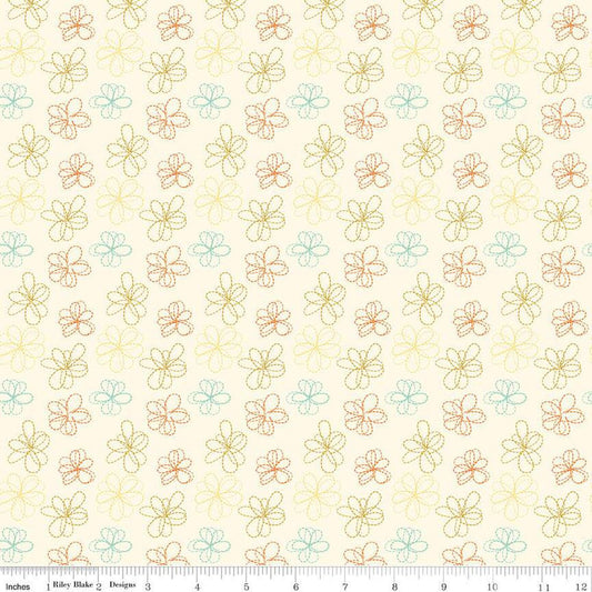 Bumble & Bear Stitched Flowers C12675 Cream - Riley Blake Designs - Floral Dashed-Line Flowers - Quilting Cotton Fabric