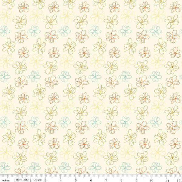 Bumble and Bear Stitched Flowers C12675 Cream - Riley Blake Designs - Floral Dashed-Line Flowers - Quilting Cotton Fabric