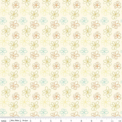 Bumble and Bear Stitched Flowers C12675 Cream - Riley Blake Designs - Floral Dashed-Line Flowers - Quilting Cotton Fabric
