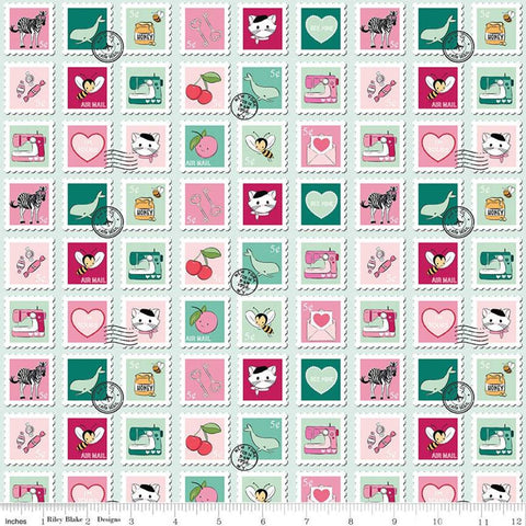 SALE Mint for You Main C12760 Mint - Riley Blake Designs - Valentine's Day Stamps Hearts Cats Bees Zebras - Quilting Cotton Fabric