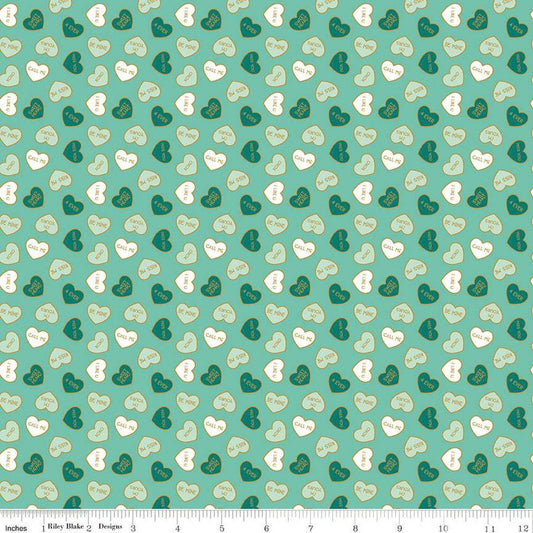 SALE Mint for You Conversation Hearts SC12762 Sea Glass SPARKLE - Riley Blake - Valentine's Antique Gold SPARKLE - Quilting Cotton Fabric