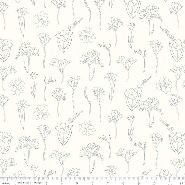 South Hill Freesias C12661 Cream - Riley Blake Designs - Floral Line-Drawn Flowers - Quilting Cotton Fabric