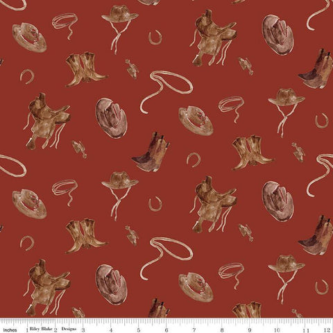 Ride the Range Accessories C12741 Barn Red - Riley Blake Designs - Hats Boots Ropes Saddles Horseshoes Cowboy - Quilting Cotton Fabric