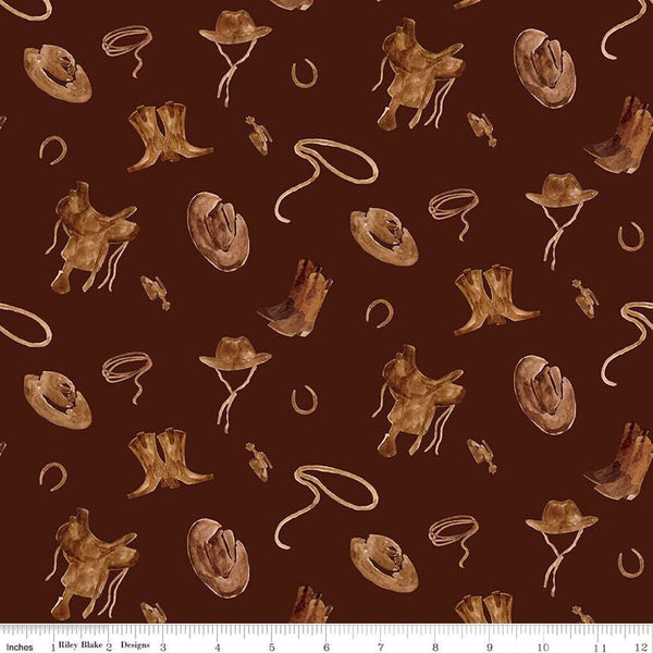 20" End of Bolt - Ride the Range Accessories C12741 Chocolate - Riley Blake - Hats Boots Saddles Horseshoes Cowboy - Quilting Cotton Fabric
