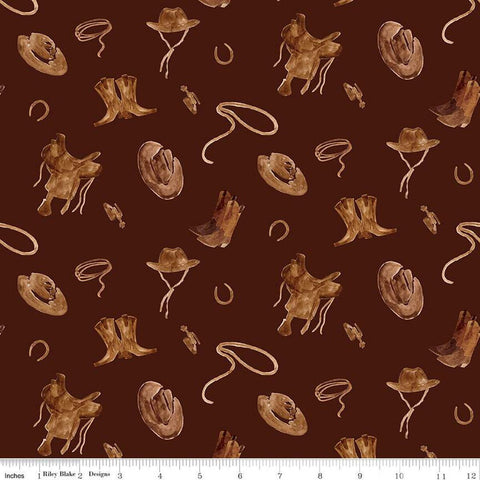 Ride the Range Accessories C12741 Chocolate - Riley Blake Designs - Hats Boots Ropes Saddles Horseshoes Cowboy - Quilting Cotton Fabric