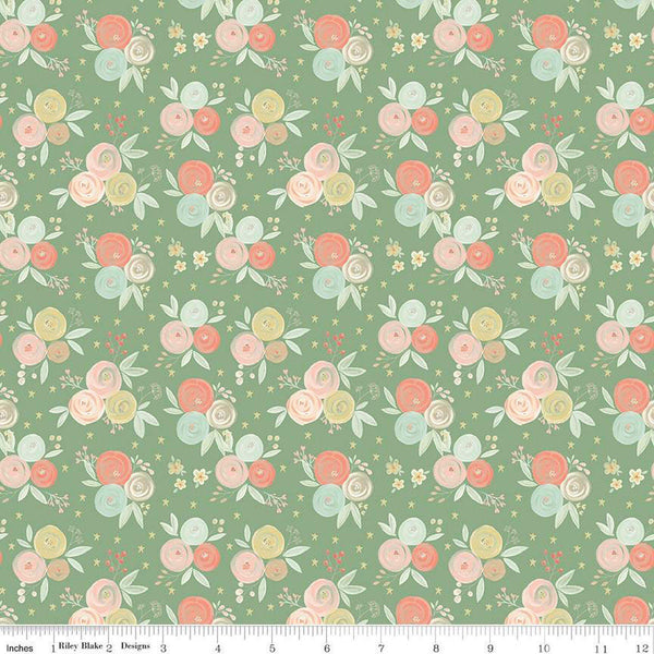 22" End of Bolt - It's a Girl Bouquet C13321 Sage - Riley Blake Designs - Floral Flowers - Quilting Cotton Fabric