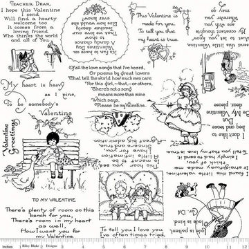 DEAL Be Mine Valentine Greetings C12783 Black - Riley Blake Designs - Valentine's Day Poems Vignettes on White - Quilting Cotton Fabric