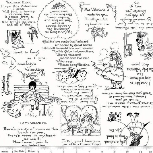 DEAL Be Mine Valentine Greetings C12783 Black - Riley Blake Designs - Valentine's Day Poems Vignettes on White - Quilting Cotton Fabric