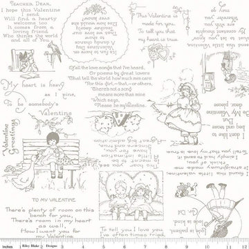 SALE Be Mine Valentine Greetings C12783 Gray - Riley Blake Designs - Valentine's Day Poems Vignettes on White - Quilting Cotton Fabric