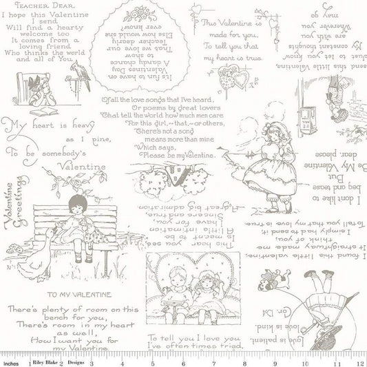DEAL Be Mine Valentine Greetings C12783 Gray - Riley Blake Designs - Valentine's Day Poems Vignettes on White - Quilting Cotton Fabric