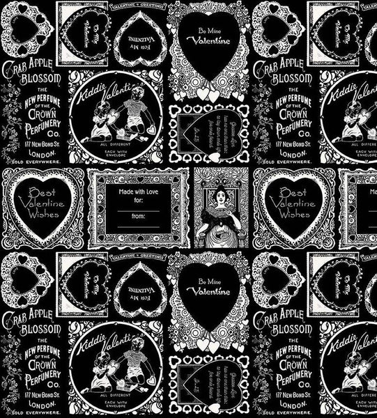 SALE Be Mine Valentine Frames C12784 Black by Riley Blake Designs - Valentine's Day Vintage Valentines Black White - Quilting Cotton Fabric