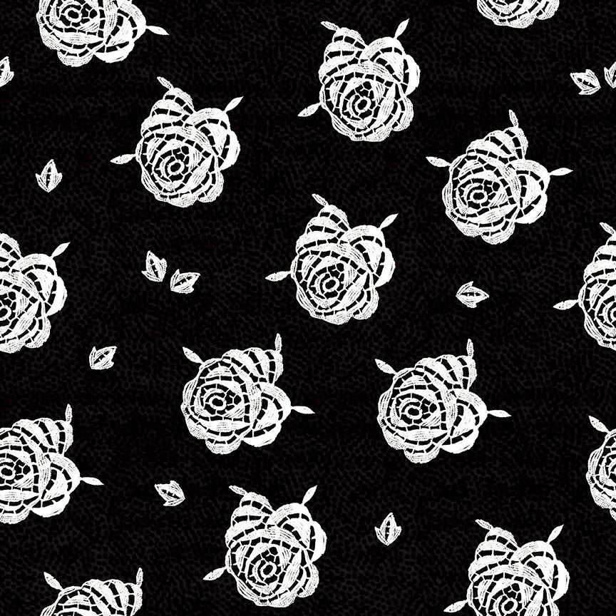 Be Mine Valentine Paper Roses C12790 Black - Riley Blake Designs - Valentine's Day White Flowers Floral - Quilting Cotton Fabric