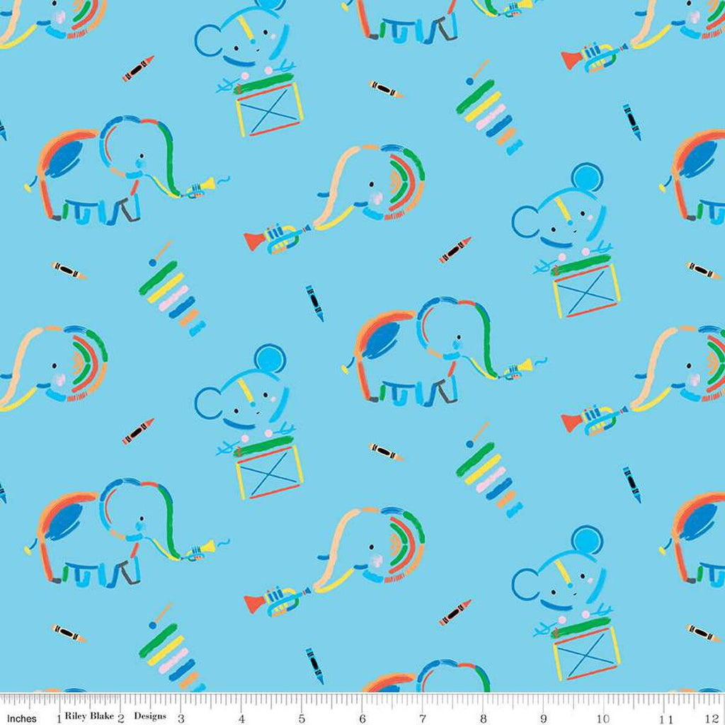 CLEARANCE Our Little Band Main C13060 Sky - Riley Blake - Crayola Crayons Animals Musical Instruments  - Quilting Cotton Fabric
