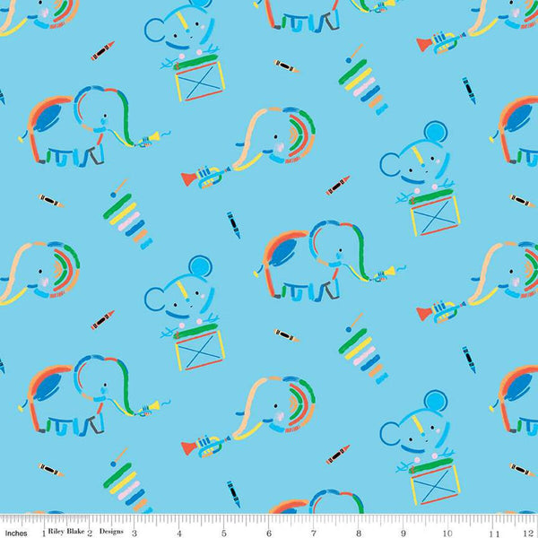 CLEARANCE Our Little Band Main C13060 Sky - Riley Blake - Crayola Crayons Animals Musical Instruments  - Quilting Cotton Fabric