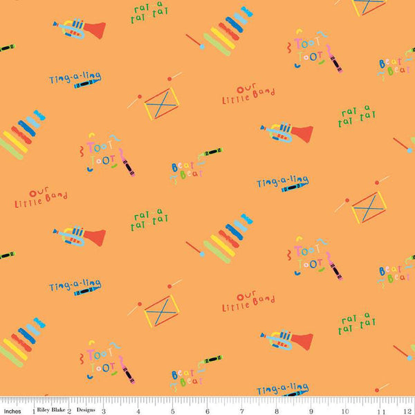 SALE Our Little Band Toys and Text C13062 Orange - Riley Blake Designs - Crayola Crayons Music  - Quilting Cotton Fabric - Licensed Product