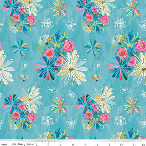 Kindness, Always Main CD13020 Teal - Riley Blake Designs - DIGITALLY PRINTED Floral Flowers - Quilting Cotton
