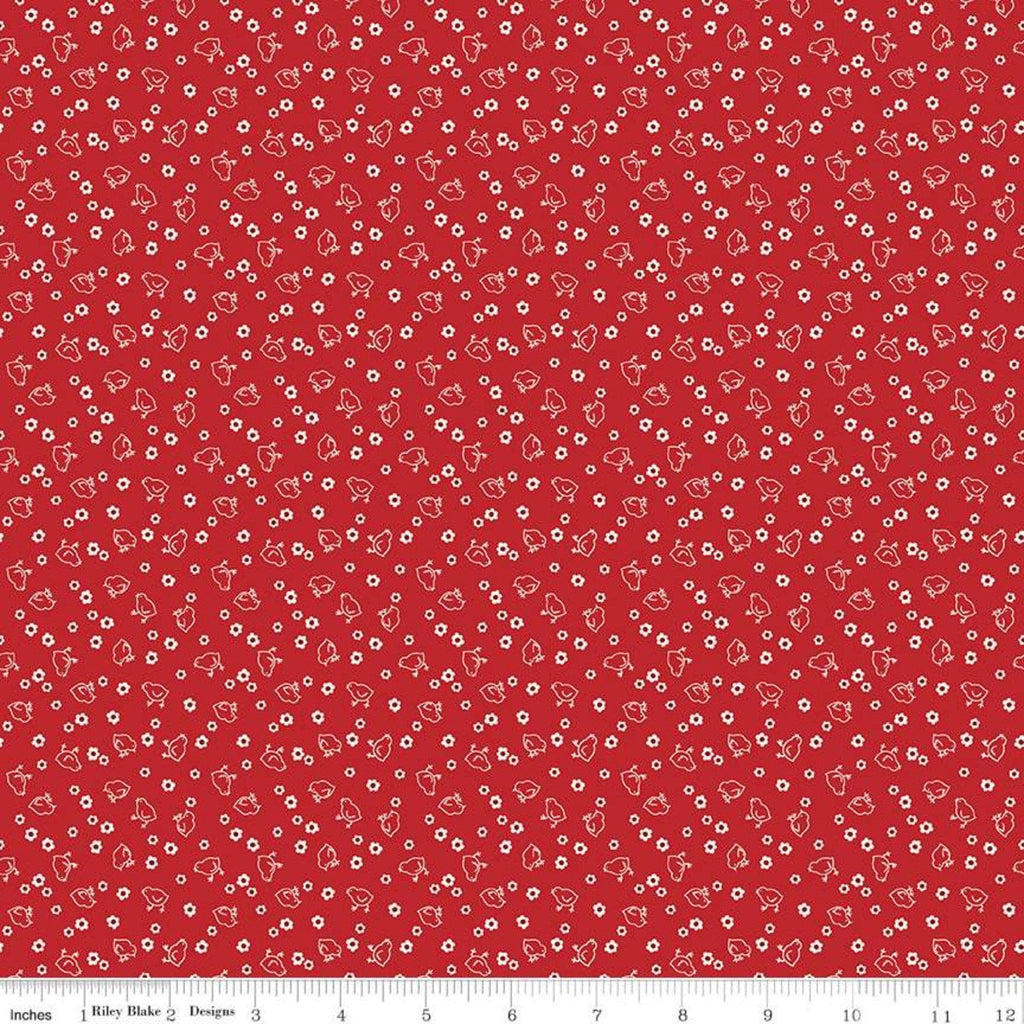 SALE Calico Chicks C12846 Schoolhouse Red - Riley Blake Designs - Lori Holt - Floral Flowers Birds - Quilting Cotton Fabric