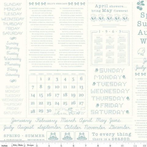 SALE Calico Days C12860 Heirloom Cottage - Riley Blake Designs - Lori Holt - Calendars Icons Text on Cloud White - Quilting Cotton Fabric