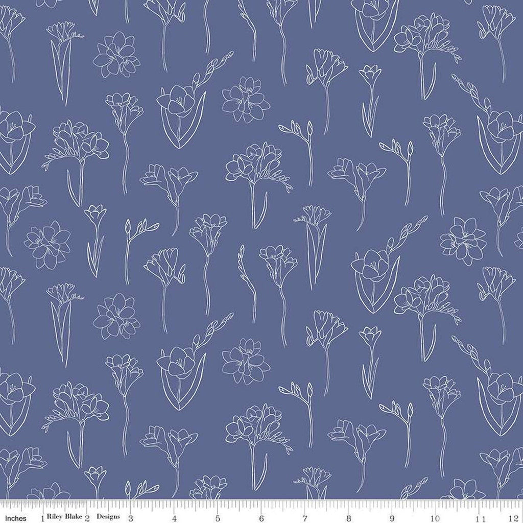 South Hill Freesias C12661 Dusk - Riley Blake Designs - Floral Line-Drawn Flowers - Quilting Cotton Fabric