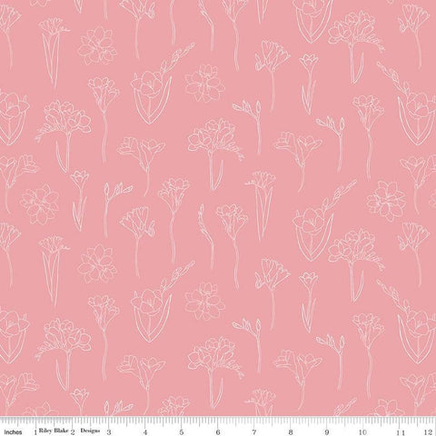 CLEARANCE South Hill Freesias C12661 Rose Pink - Riley Blake - Floral Line-Drawn Flowers - Quilting Cotton Fabric
