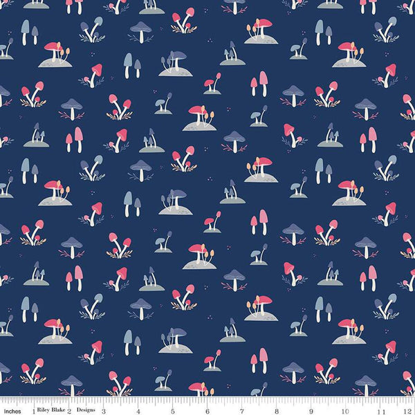 22" End of Bolt Piece - CLEARANCE South Hill Toadstools C12662 Navy - Riley Blake - Mushrooms - Quilting Cotton Fabric