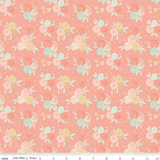 SALE It's a Girl Bouquet C13321 Coral - Riley Blake Designs - Floral Flowers - Quilting Cotton Fabric