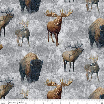DEAL Big Game Main CD12970 Gray - Riley Blake Designs - DIGITALLY PRINTED Deer Elk Moose Bison - Quilting Cotton