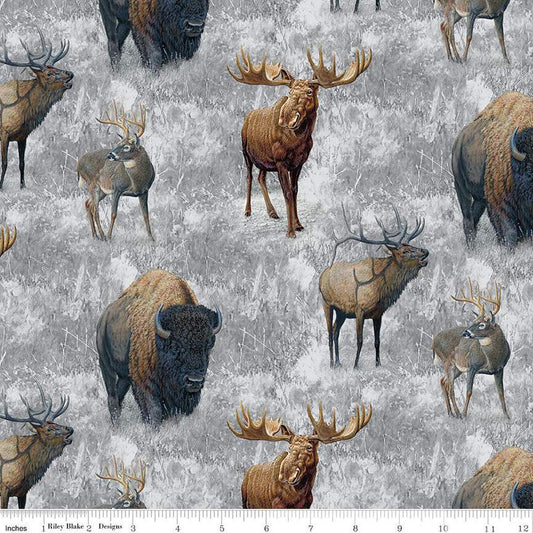 DEAL Big Game Main CD12970 Gray - Riley Blake Designs - DIGITALLY PRINTED Deer Elk Moose Bison - Quilting Cotton